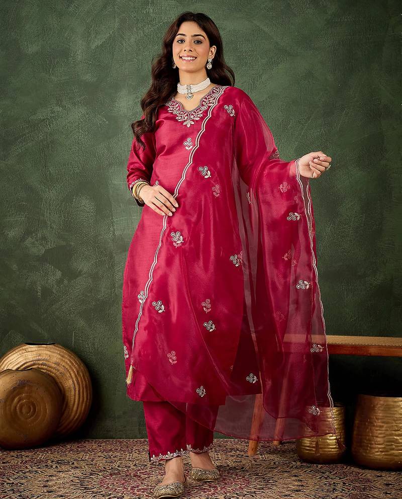 Floral embroidered silk v neck kurta trosuer & dupatta set