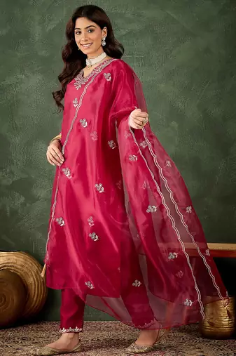 Floral embroidered silk v neck kurta trosuer & dupatta set