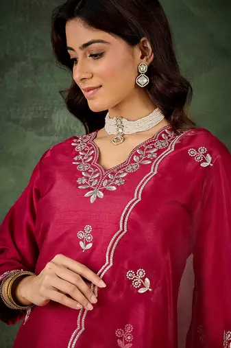 Floral embroidered silk v neck kurta trosuer & dupatta set