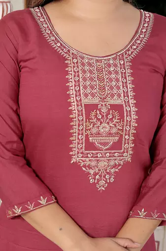 Floral embroidered rayon round neck kurta trosuer & dupatta set