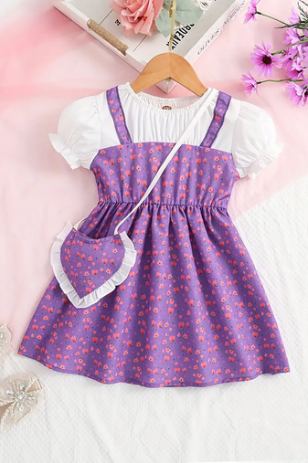 Purple floral print puff sleeve fit & flare girls dress with heart sling bag