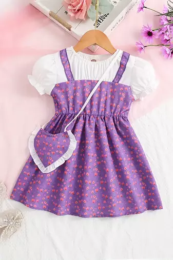 Purple floral print puff sleeve fit & flare girls dress with heart sling bag