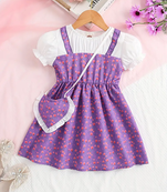 Purple floral print puff sleeve fit & flare girls dress with heart sling bag