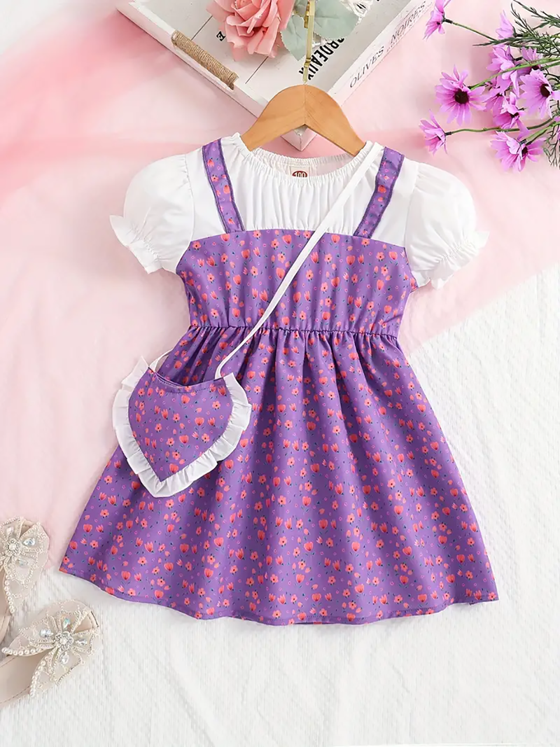 Purple floral print puff sleeve fit & flare girls dress with heart sling bag