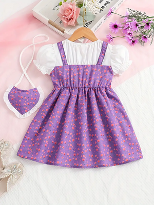Purple floral print puff sleeve fit & flare girls dress with heart sling bag 2