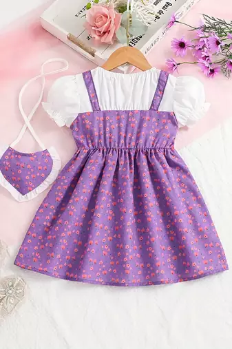 Purple floral print puff sleeve fit & flare girls dress with heart sling bag