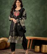 Floral embroidered silk round neck kurta trosuer & dupatta set
