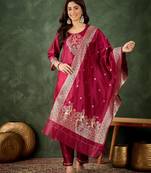 Floral embroidered silk round neck kurta trosuer & dupatta set