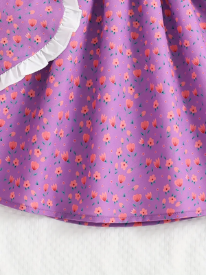 Purple floral print puff sleeve fit & flare girls dress with heart sling bag 5