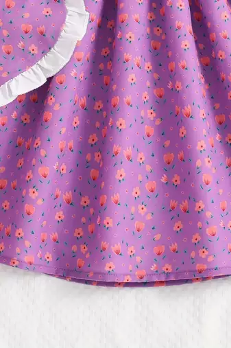 Purple floral print puff sleeve fit & flare girls dress with heart sling bag