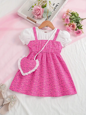 Pink floral print puff sleeve fit & flare girls dress with heart sling bag 1