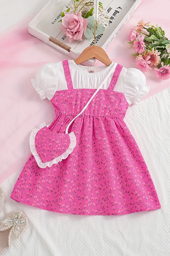 Pink floral print puff sleeve fit & flare girls dress with heart sling bag