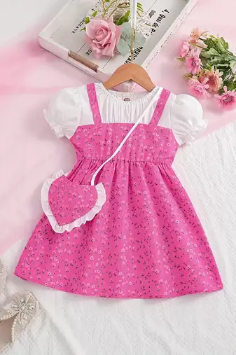 Pink floral print puff sleeve fit & flare girls dress with heart sling bag