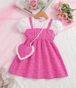 Pink floral print puff sleeve fit & flare girls dress with heart sling bag