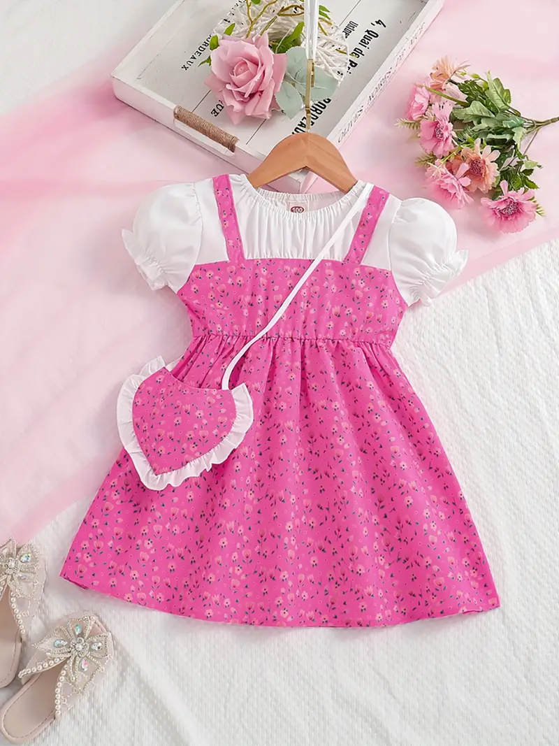 Pink floral print puff sleeve fit & flare girls dress with heart sling bag