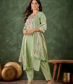Floral embroidered silk round neck kurta trosuer & dupatta set