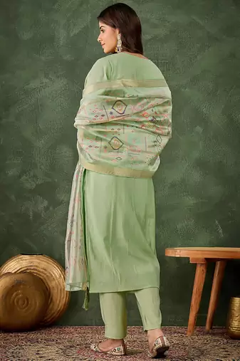 Floral embroidered silk round neck kurta trosuer & dupatta set