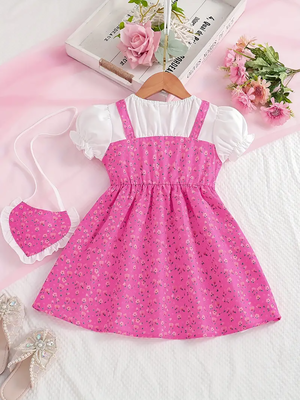 Pink floral print puff sleeve fit & flare girls dress with heart sling bag 2