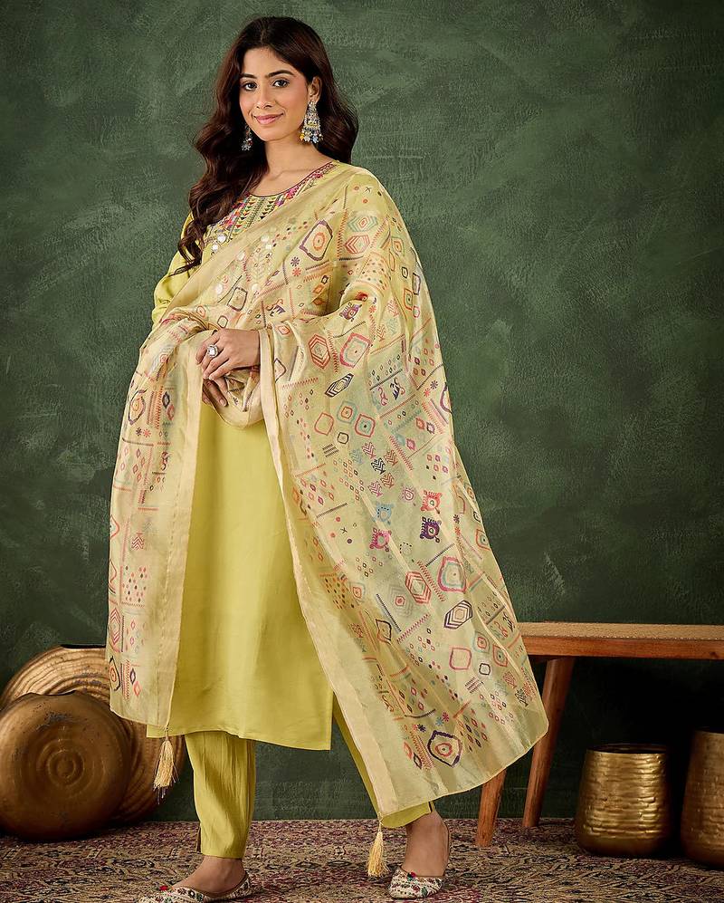 Floral embroidered silk round neck kurta trosuer & dupatta set