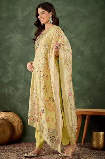 Floral embroidered silk round neck kurta trosuer & dupatta set