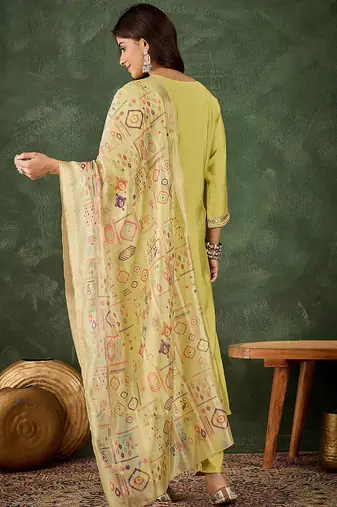 Floral embroidered silk round neck kurta trosuer & dupatta set