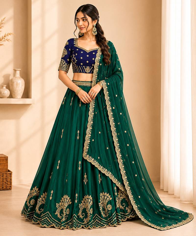GREEN COLOR Rangoli Silk Lehenga Choli with Sequins Embroidery Dupatta