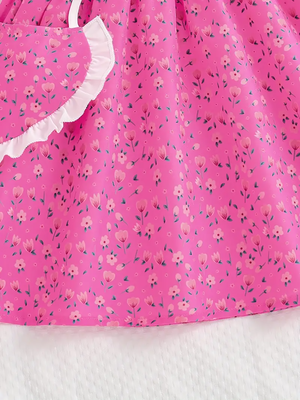 Pink floral print puff sleeve fit & flare girls dress with heart sling bag 5