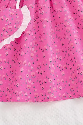 Pink floral print puff sleeve fit & flare girls dress with heart sling bag