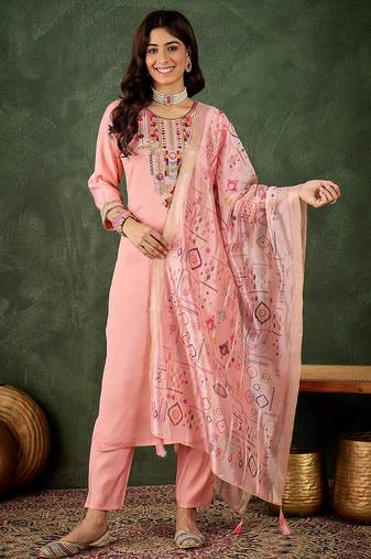 Floral embroidered silk round neck kurta trosuer & dupatta set