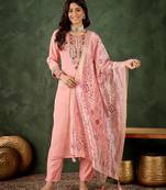 Floral embroidered silk round neck kurta trosuer & dupatta set