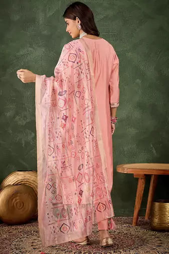 Floral embroidered silk round neck kurta trosuer & dupatta set