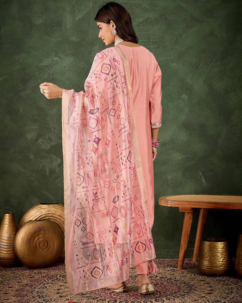 Floral embroidered silk round neck kurta trosuer & dupatta set