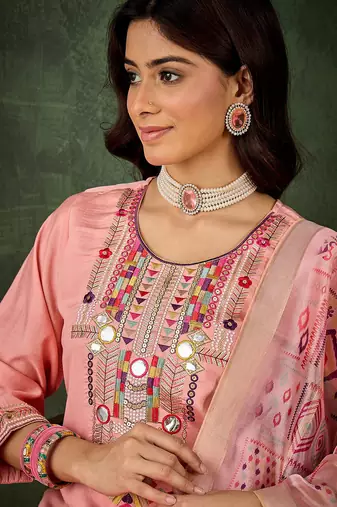 Floral embroidered silk round neck kurta trosuer & dupatta set