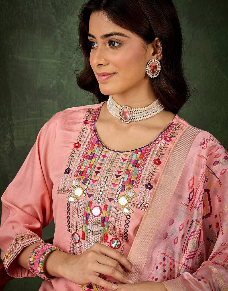 Floral embroidered silk round neck kurta trosuer & dupatta set