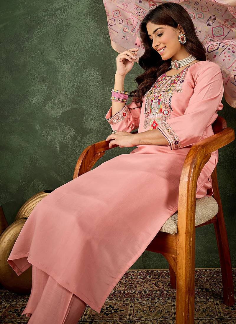 Floral embroidered silk round neck kurta trosuer & dupatta set