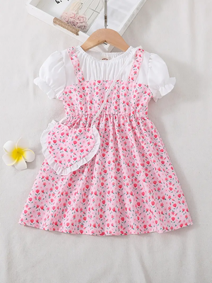 Peach floral print puff sleeve fit & flare girls dress with heart sling bag 1