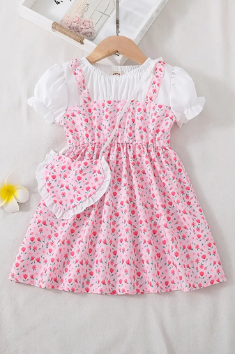 Peach floral print puff sleeve fit & flare girls dress with heart sling bag