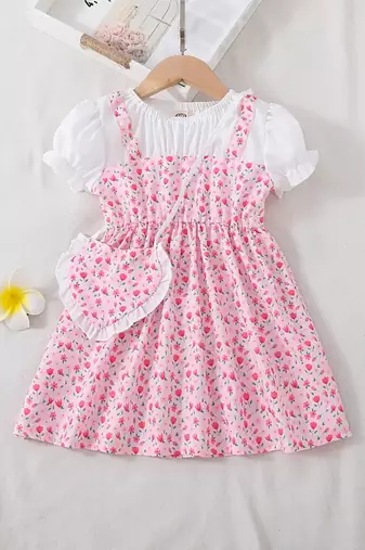 Peach floral print puff sleeve fit & flare girls dress with heart sling bag