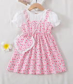 Peach floral print puff sleeve fit & flare girls dress with heart sling bag