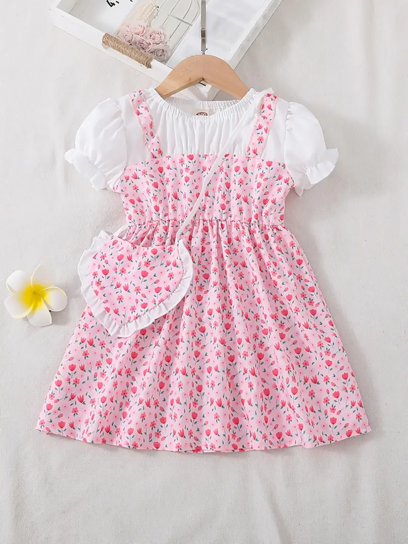 Peach floral print puff sleeve fit & flare girls dress with heart sling bag