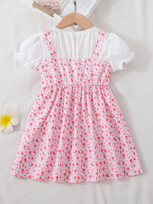 Peach floral print puff sleeve fit & flare girls dress with heart sling bag 2