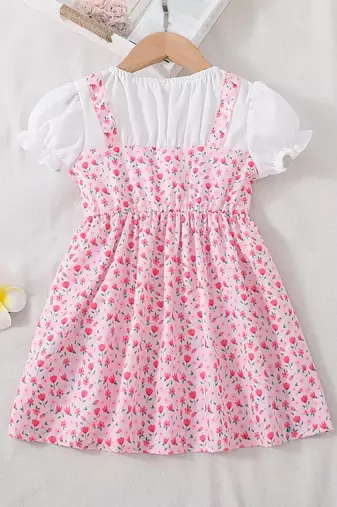 Peach floral print puff sleeve fit & flare girls dress with heart sling bag