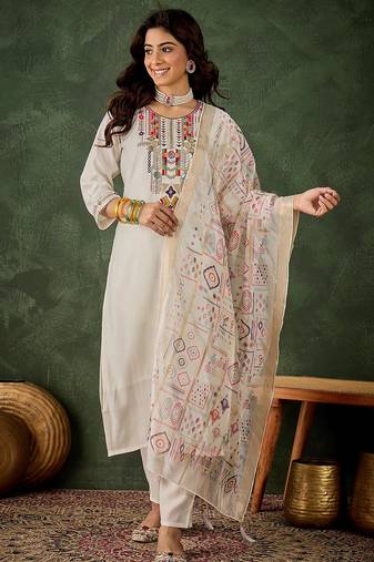 Floral embroidered silk round neck kurta trosuer & dupatta set