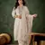 Floral embroidered silk round neck kurta trosuer & dupatta set
