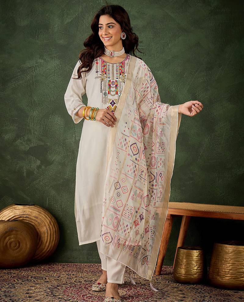 Floral embroidered silk round neck kurta trosuer & dupatta set