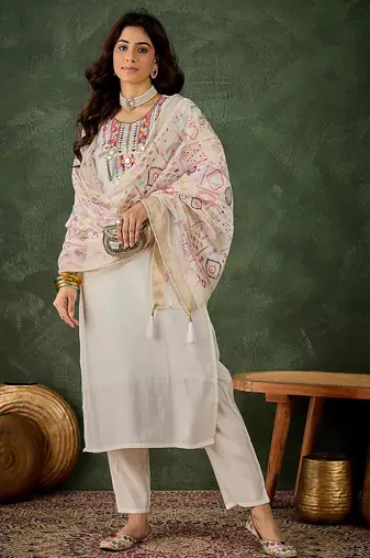 Floral embroidered silk round neck kurta trosuer & dupatta set