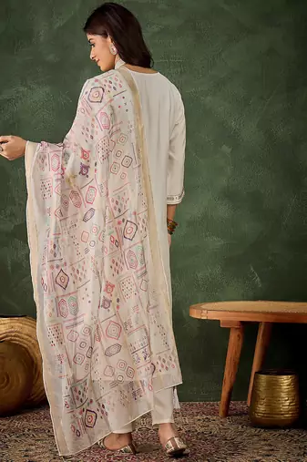 Floral embroidered silk round neck kurta trosuer & dupatta set