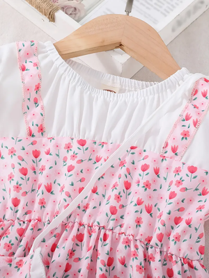 Peach floral print puff sleeve fit & flare girls dress with heart sling bag 3