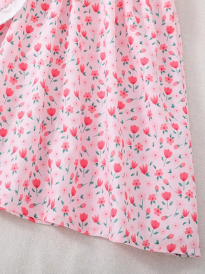 Peach floral print puff sleeve fit & flare girls dress with heart sling bag 4