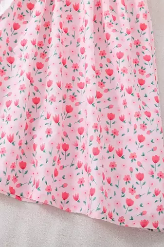Peach floral print puff sleeve fit & flare girls dress with heart sling bag